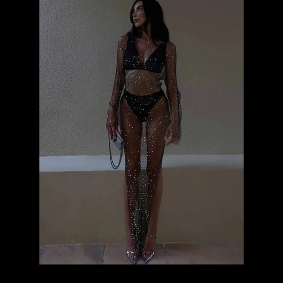 🆕 LISTING!! BNWOT CRYSTAL RHINESTONE OPEN FISHNET MAXI DRESS - Picture 4 of 9